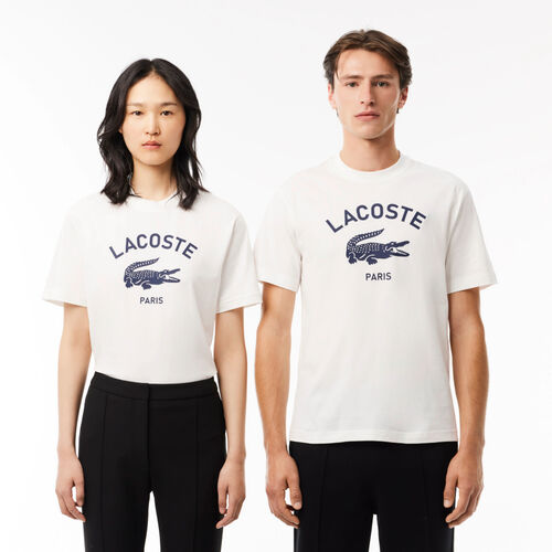 Camiseta Blanca Lacoste con Estampado de Corte Clásico S