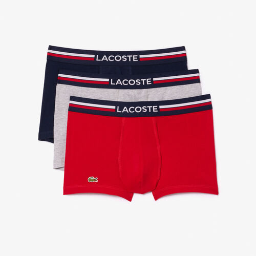 Pack 3 Calzoncillos Boxer Lacoste Rojo, Gris, Azul con Cintura Tricolor S